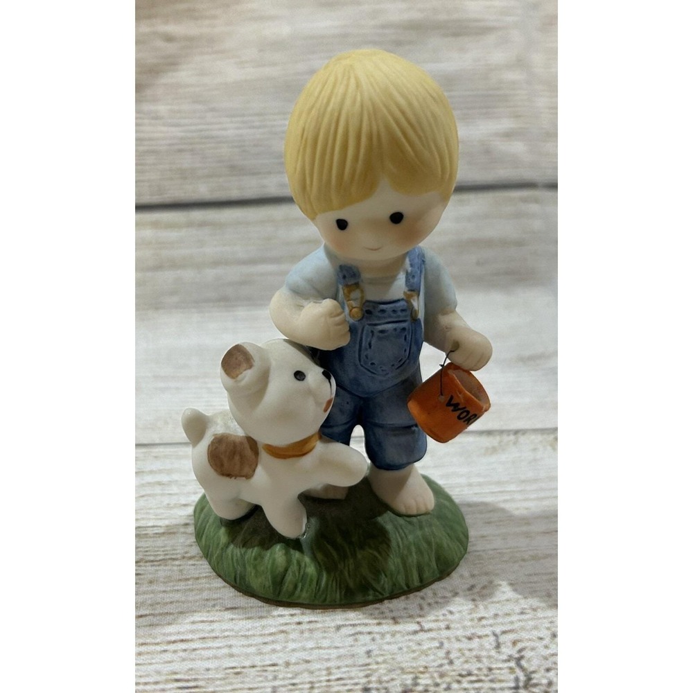 Vintage Enesco Country Cousins Scooter Dog Bucket of Worms Missing Fishing Pole